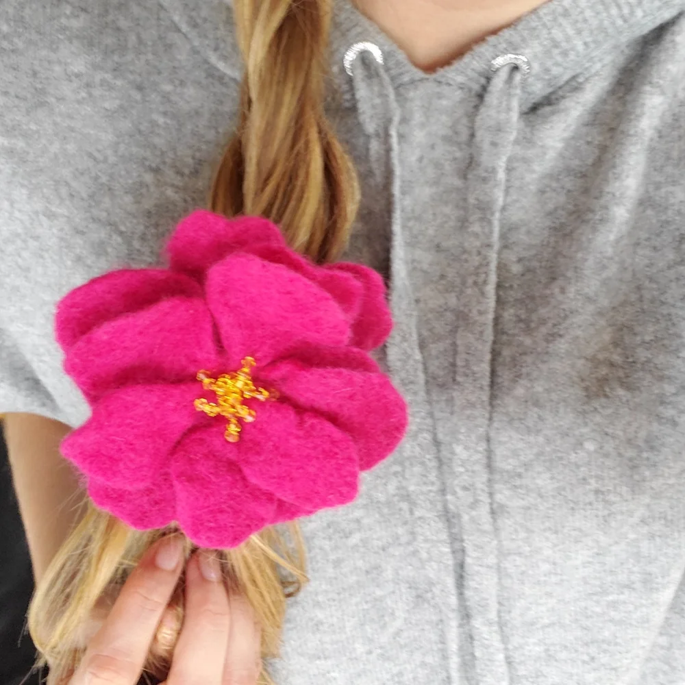 Handmade wool swarovski crystals large hot pink flover brooch and hair decor